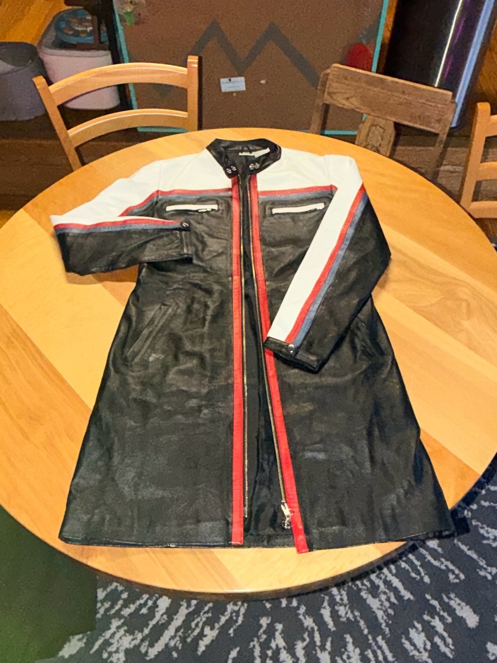 Newport News Black Leather Coat with White and Red Trim
